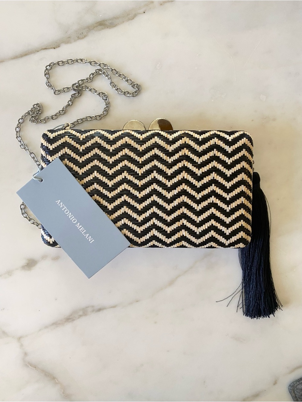 Antonio Melani Navy and Cream Zigzag/chevron Tassel Crossbody Clutch